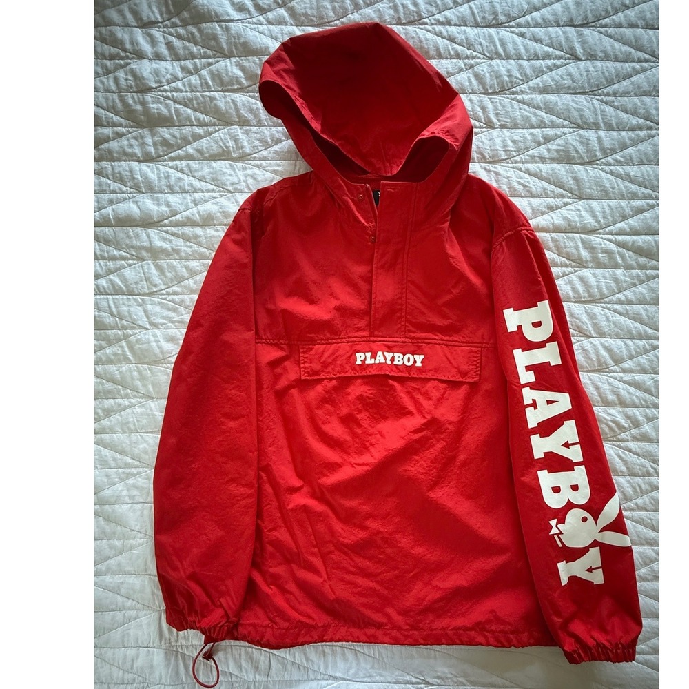 Playboy Anorak Windbreaker Mens L Red Excellent PacSun‎ Bunny Logo Hooded Jacket